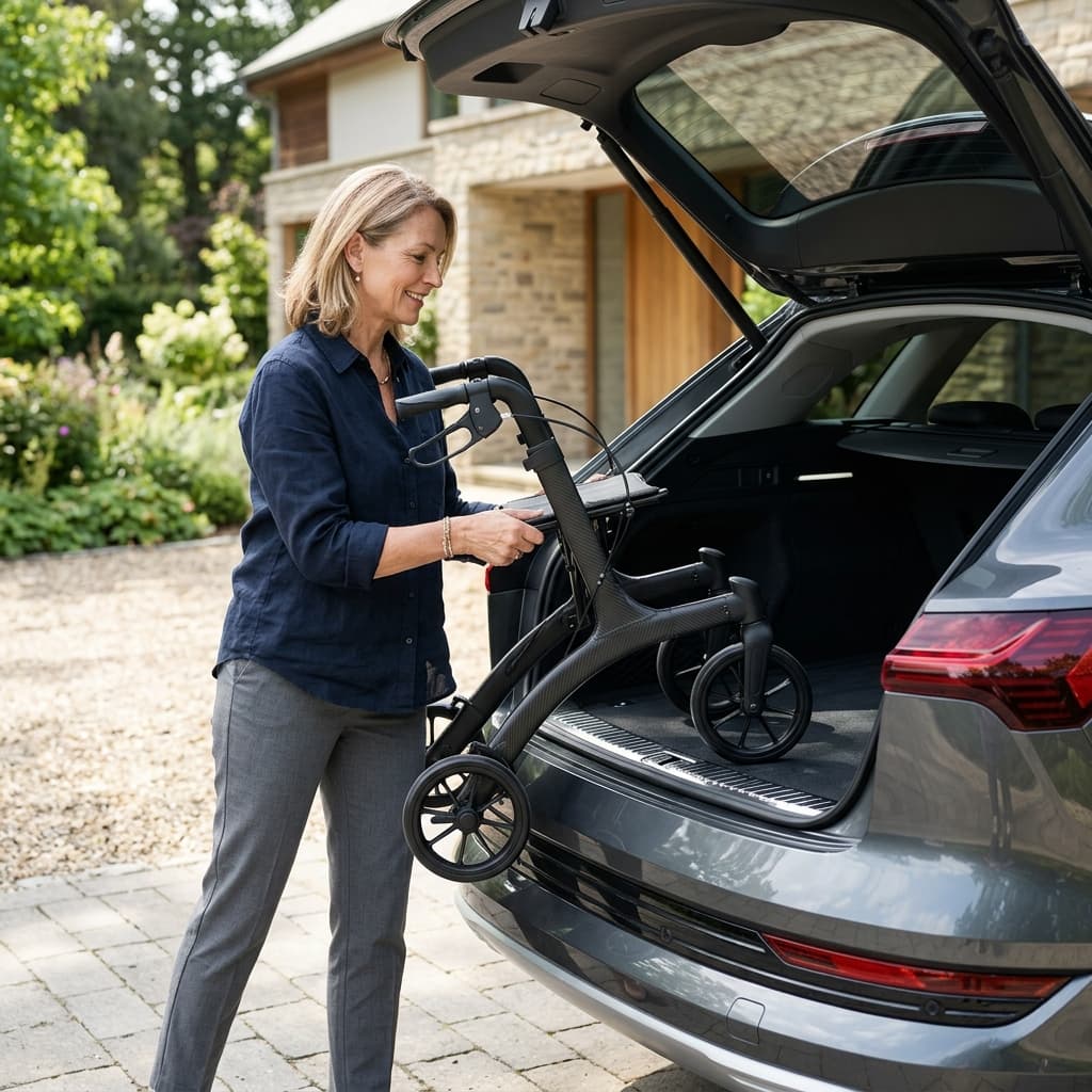 A person easily lifting the lightweight carbon fiber rollator walker into a car trunk