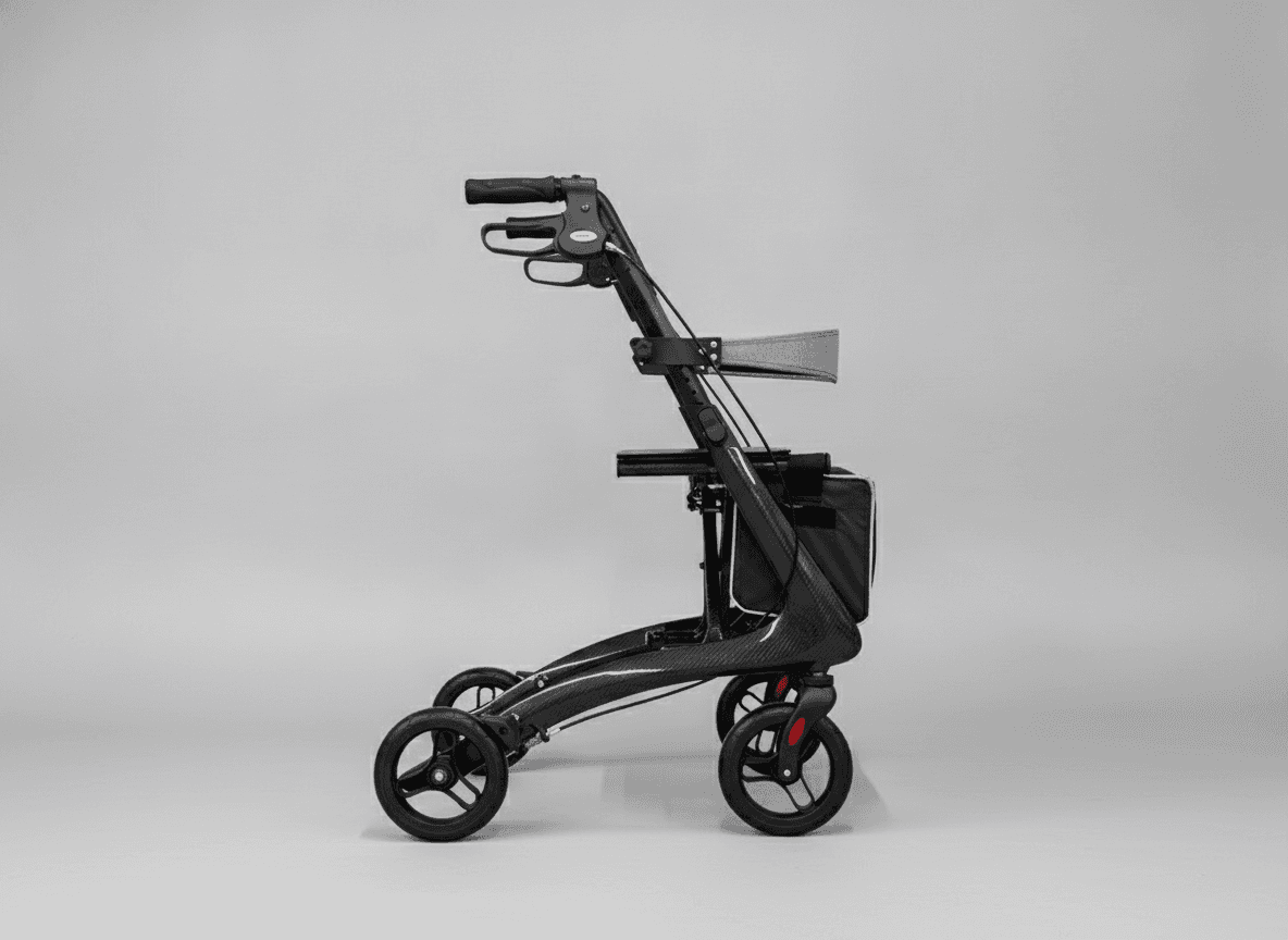 The Nova Carbon rollator folded into a slim upright profile